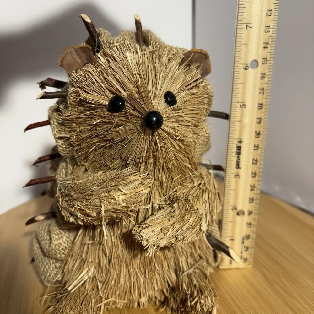Hand Crafted Hedgehog Natural Twig Straw Burlap Figurine Brown Porcupine Animal